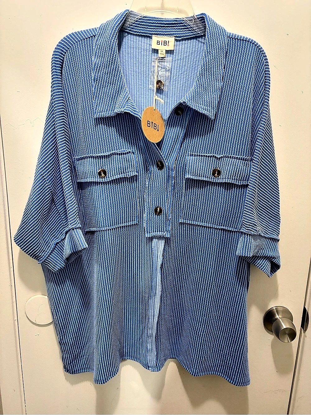 BiBi Striped Button Down Top in Blue Size 2X NWT